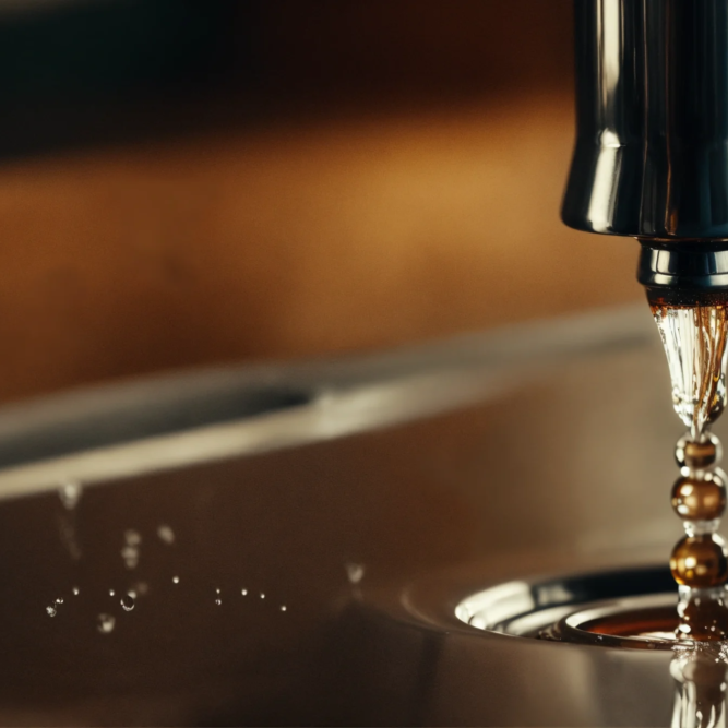 close-up on a faucet dripping a single drop of wat